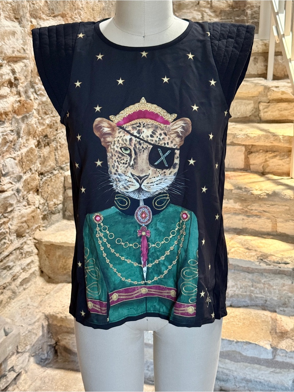 The Extreme Collection Black Graphic Leopard Pirate Top with Green Jewel Jacket